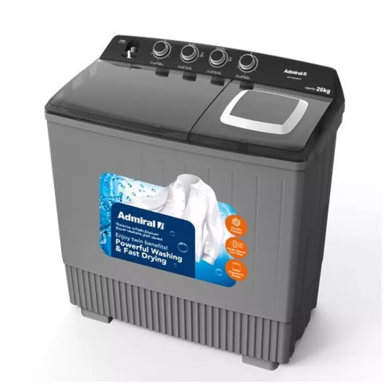 Admiral Semi Automatic Twin Tub Washing Machine ADTT26KUWCP – 26KG, 800 RPM Spin Speed, Grey