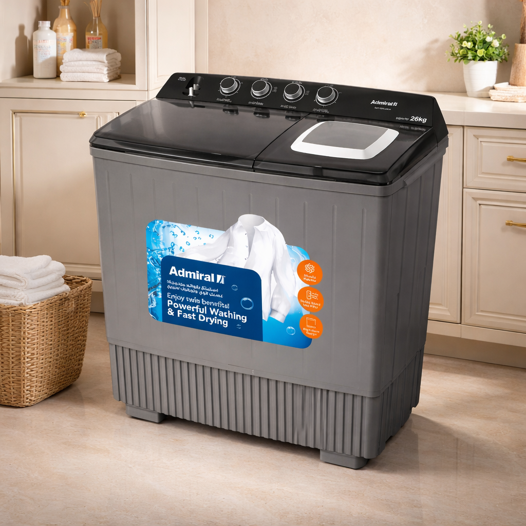 Admiral Semi Automatic Twin Tub Washing Machine ADTT26KUWCP – 26KG, 800 RPM Spin Speed, Grey