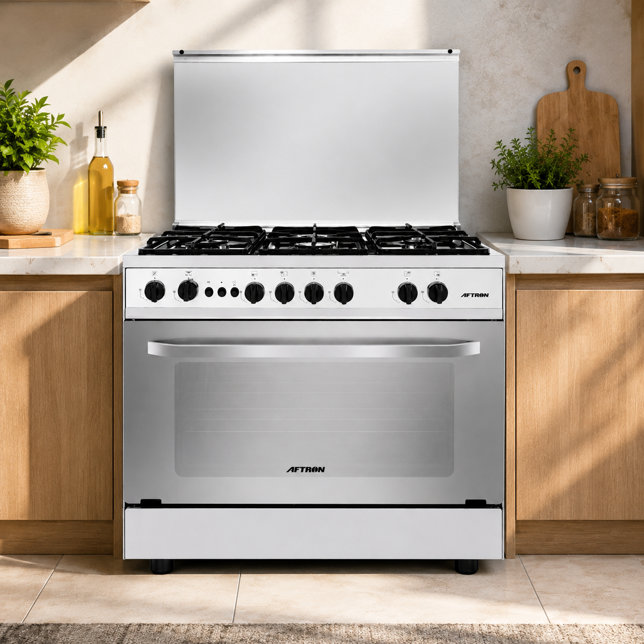 Aftron 90×60cm 5 Burner Gas Cooker with Grill | Full Safety | Silver | AFGR9060FESD