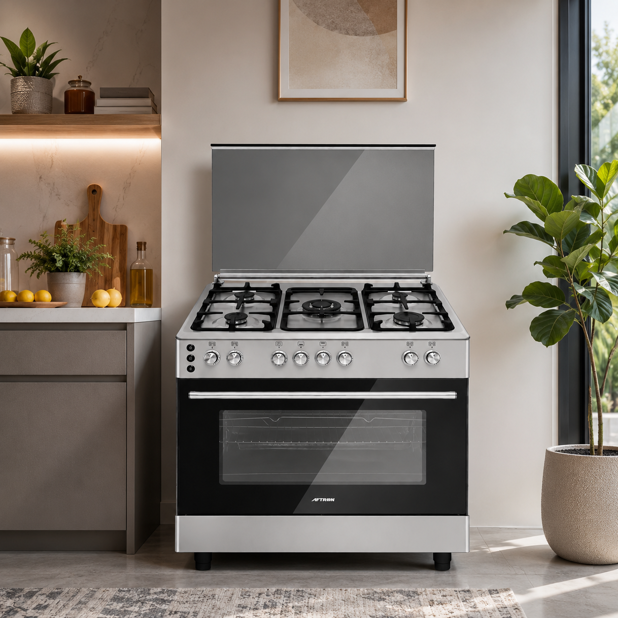AFTRON 90×60cm Full Safety Gas Cooker | 5 Burners | Auto Ignition | Stainless Steel | AFGR9085CFSD