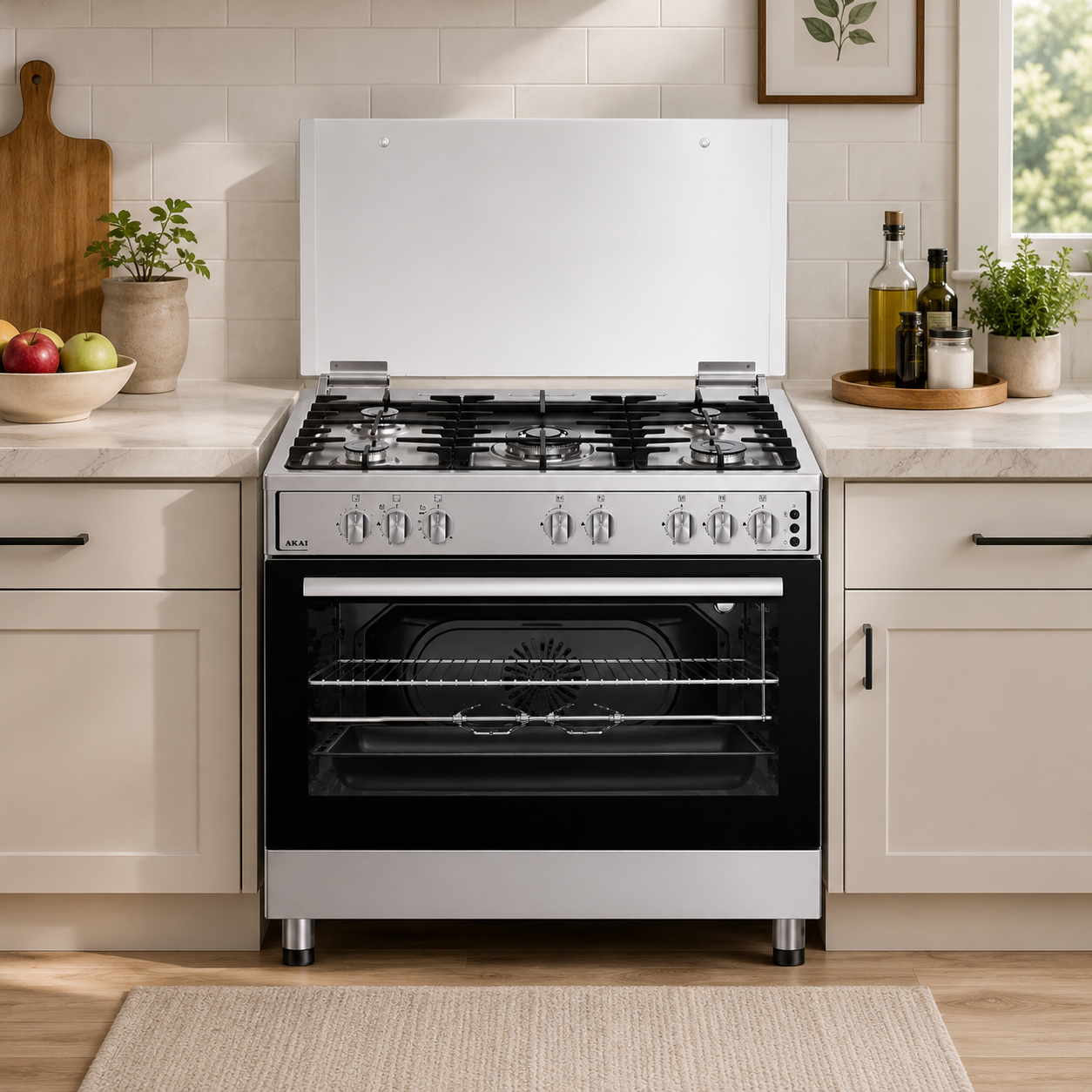 Akai AGC966RFS 90x60cm Gas Cooker with Fan | 5 Burner Full Safety Gas Grill | Silver