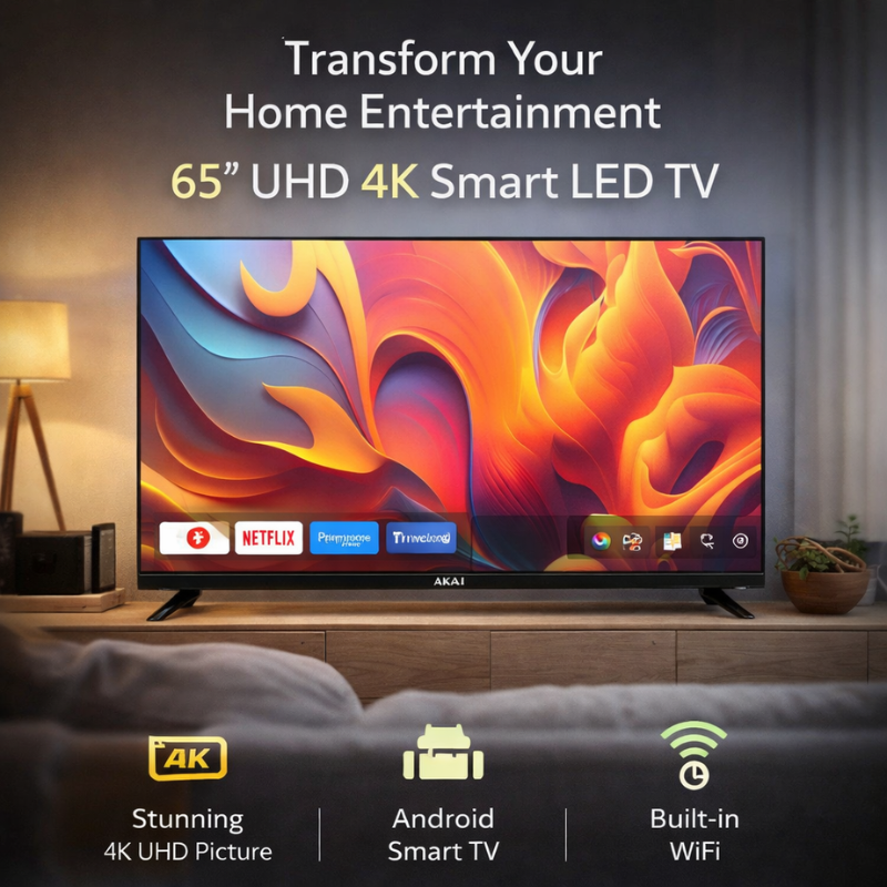 تلفزيون أكاي الذكي بتقنية LED فائق الوضوح 4K مقاس 65 بوصة ALT-654KAP – تلفزيون ذكي يعمل بنظام أندرويد مع واي فاي 