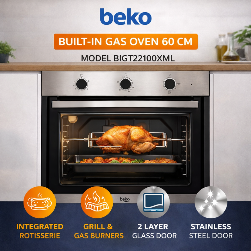 BEKO 60 cm Built-In Gas Oven BIGT22100XML – 72 L Capacity with Halogen Illumination & Grill Function
