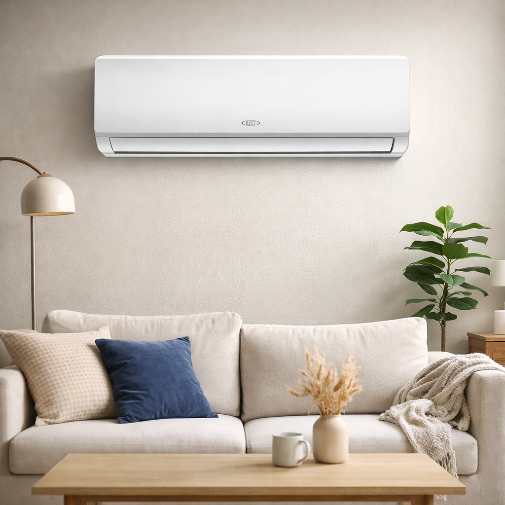 Best Split Air Conditioner BSTS18CNE2 – 1.5 Ton, 18,000 BTU, Rotary Compressor, 6-in-1 Filter, Gold Fins, White
