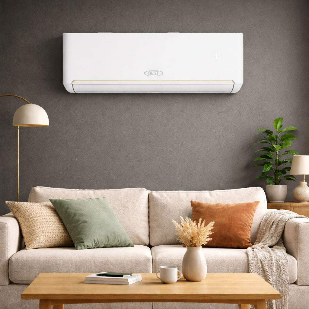 Best Split Air Conditioner BSTS18PRO – 1.5 Ton, 18,300 BTU, Rotary Compressor, 6-in-1 Filter, Gold Fins, Turbo Mode, White