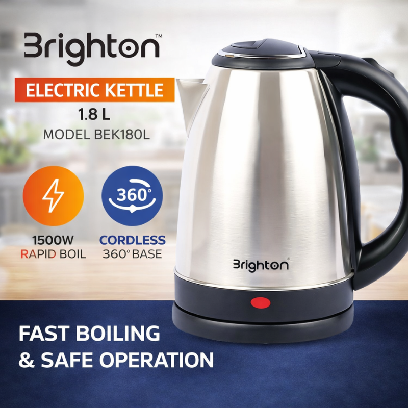 Brighton 1.8 L Electric Kettle BEK180L – Rapid Boil, Stainless Steel, Auto Shut-Off