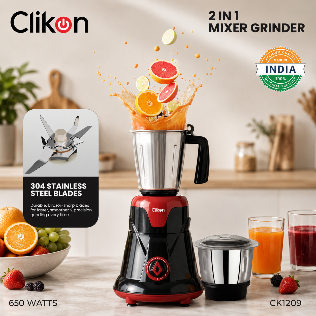 Clikon CK1209 2-in-1 Mixer Grinder 1.5L | 650W Stainless Steel Blender | Made in India