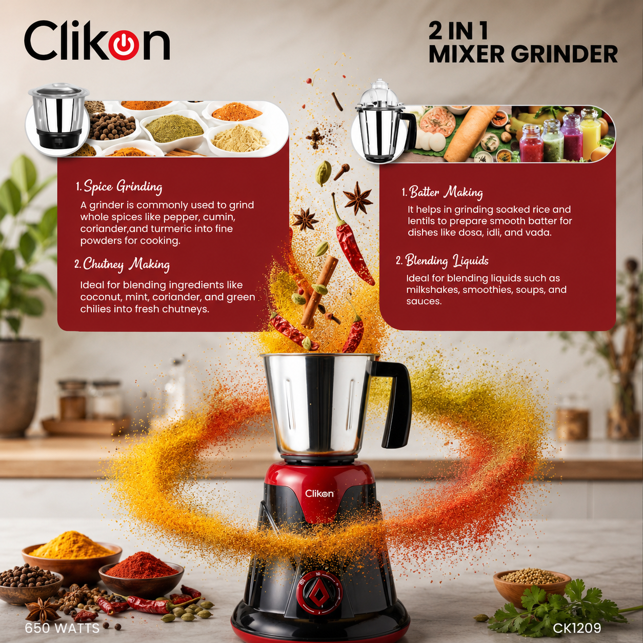 Clikon CK1209 2-in-1 Mixer Grinder 1.5L | 650W Stainless Steel Blender | Made in India