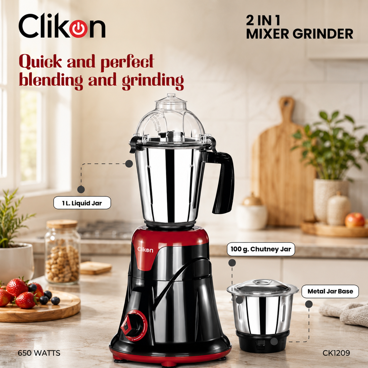 Clikon CK1209 2-in-1 Mixer Grinder 1.5L | 650W Stainless Steel Blender | Made in India