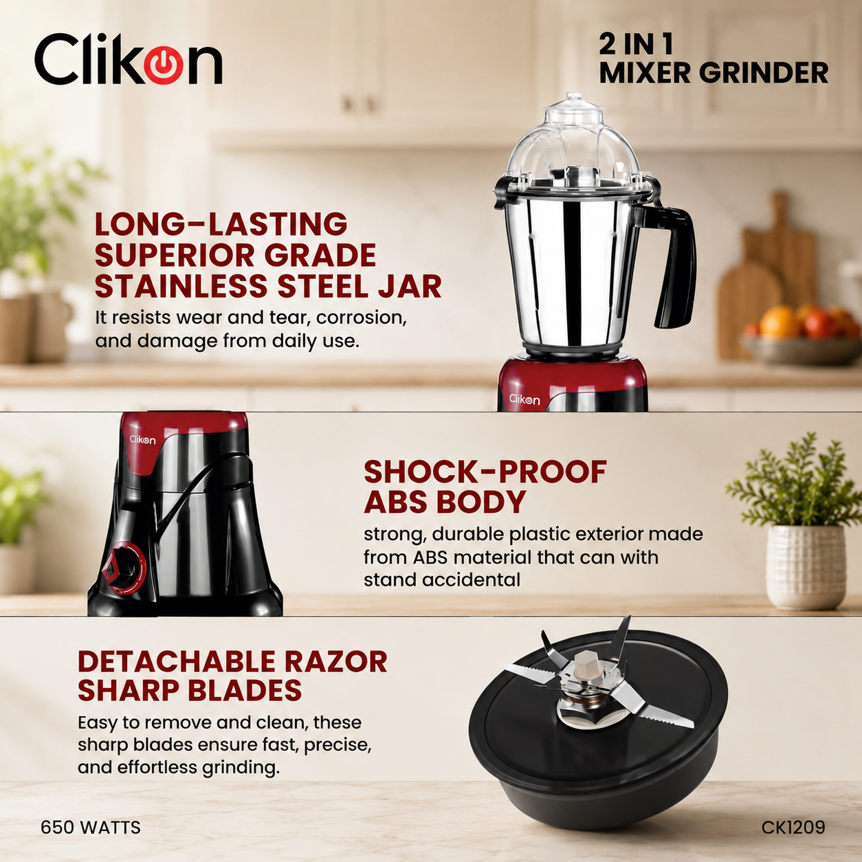 Clikon CK1209 2-in-1 Mixer Grinder 1.5L | 650W Stainless Steel Blender | Made in India