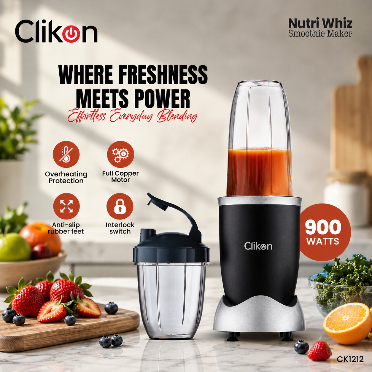 Clikon CK1212 Nutri Whiz Smoothie Maker 900W | 600ml Personal Blender | Stainless Steel Blade