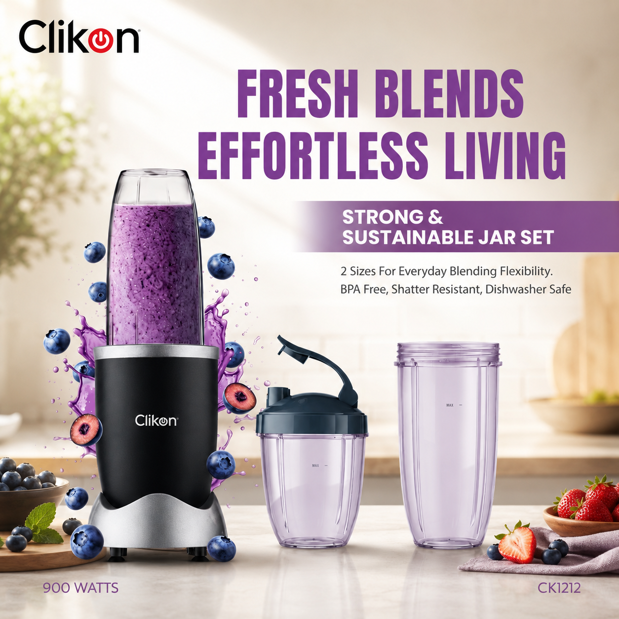 Clikon CK1212 Nutri Whiz Smoothie Maker 900W | 600ml Personal Blender | Stainless Steel Blade
