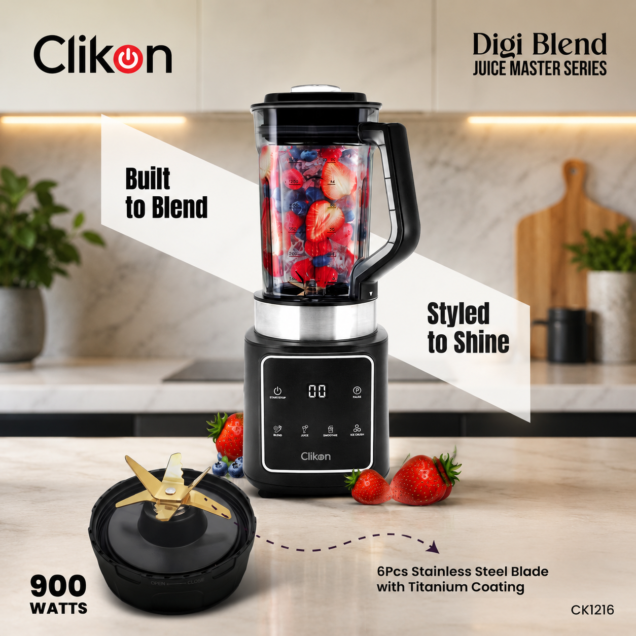Clikon CK1216 Digi Blend Juice Master Blender 1.5L | 900W Digital Control Blender | 4 Stainless Steel Blades
