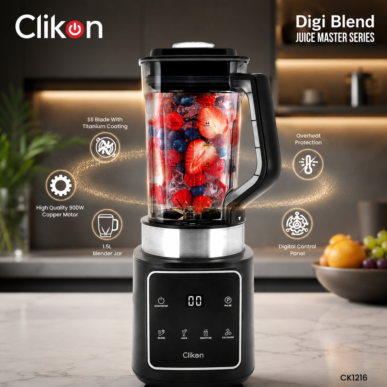 Clikon CK1216 Digi Blend Juice Master Blender 1.5L | 900W Digital Control Blender | 4 Stainless Steel Blades