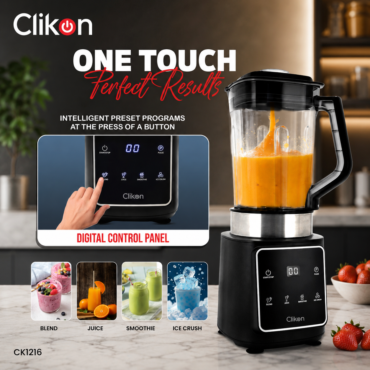 Clikon CK1216 Digi Blend Juice Master Blender 1.5L | 900W Digital Control Blender | 4 Stainless Steel Blades