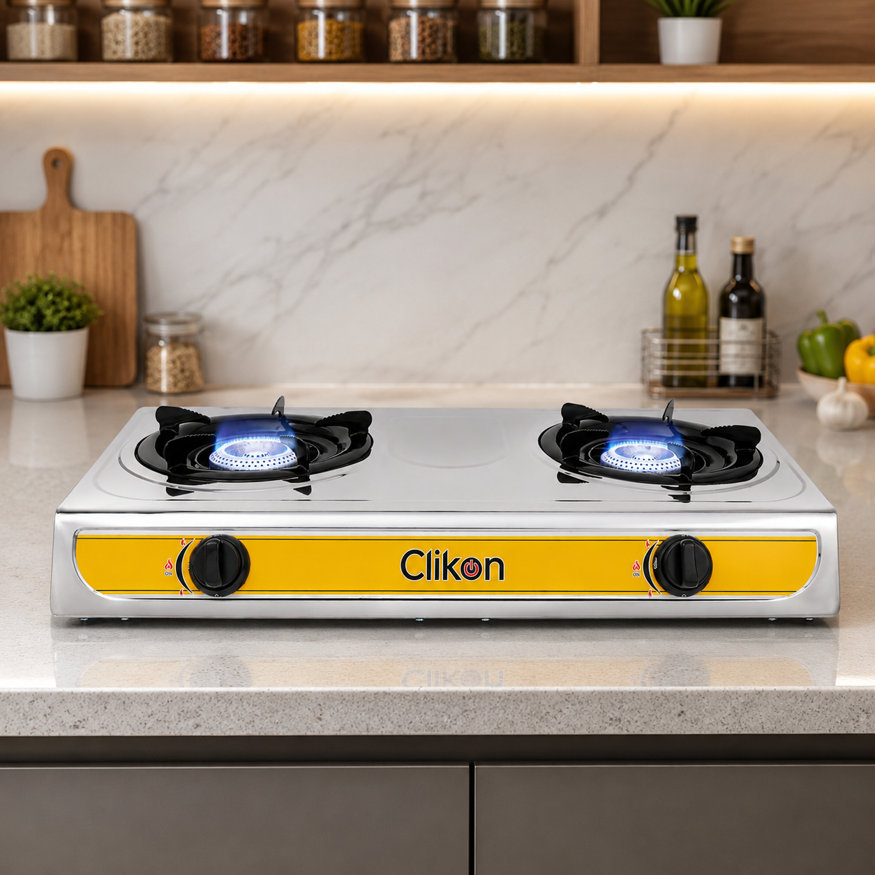 Clikon CK2144 Double Burner Gas Stove | Stainless Steel Body | Auto Piezo Ignition | 2 Burners