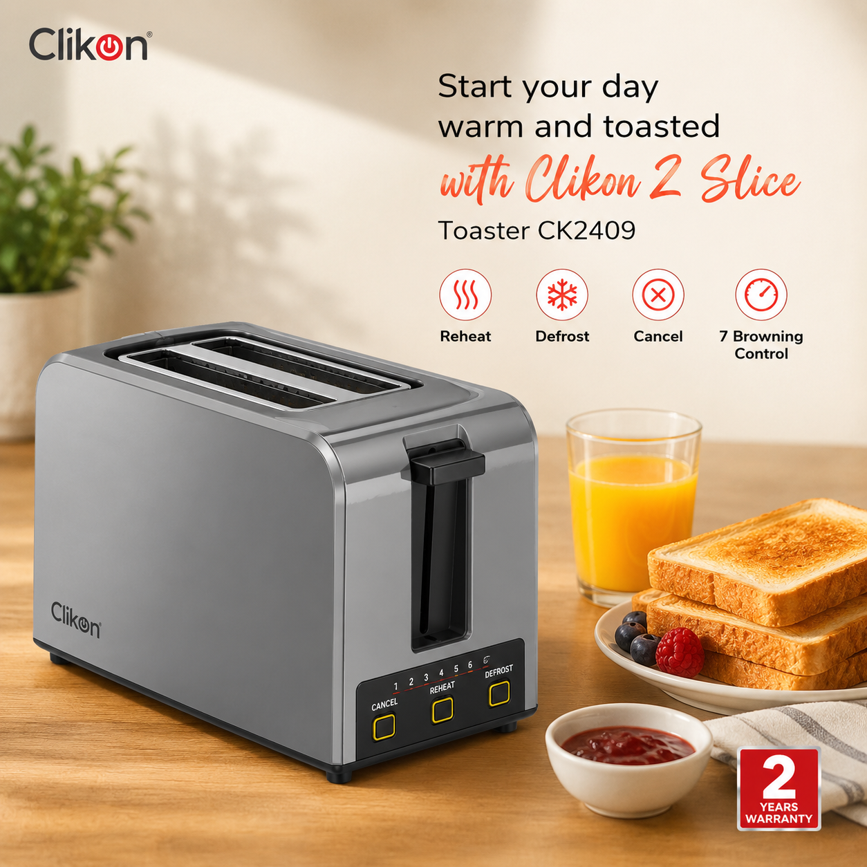 Clikon CK2460 Smart Bread Toaster 2 Slice | Digital Display | 6 Browning Settings | 750W