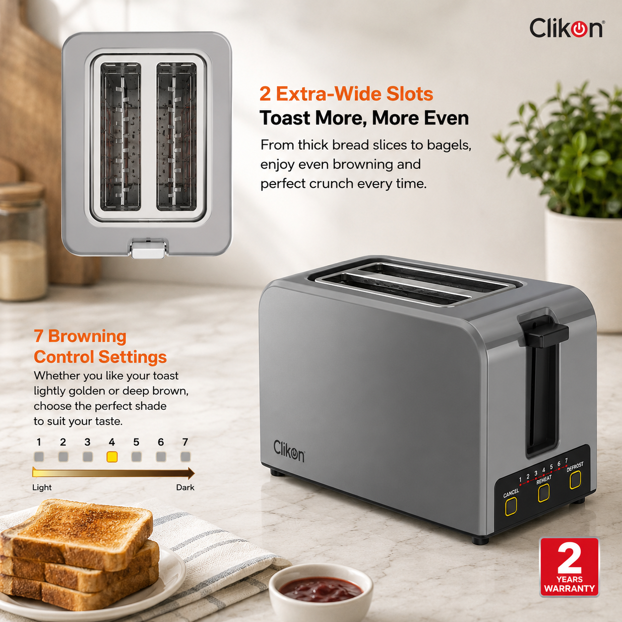 Clikon CK2460 Smart Bread Toaster 2 Slice | Digital Display | 6 Browning Settings | 750W
