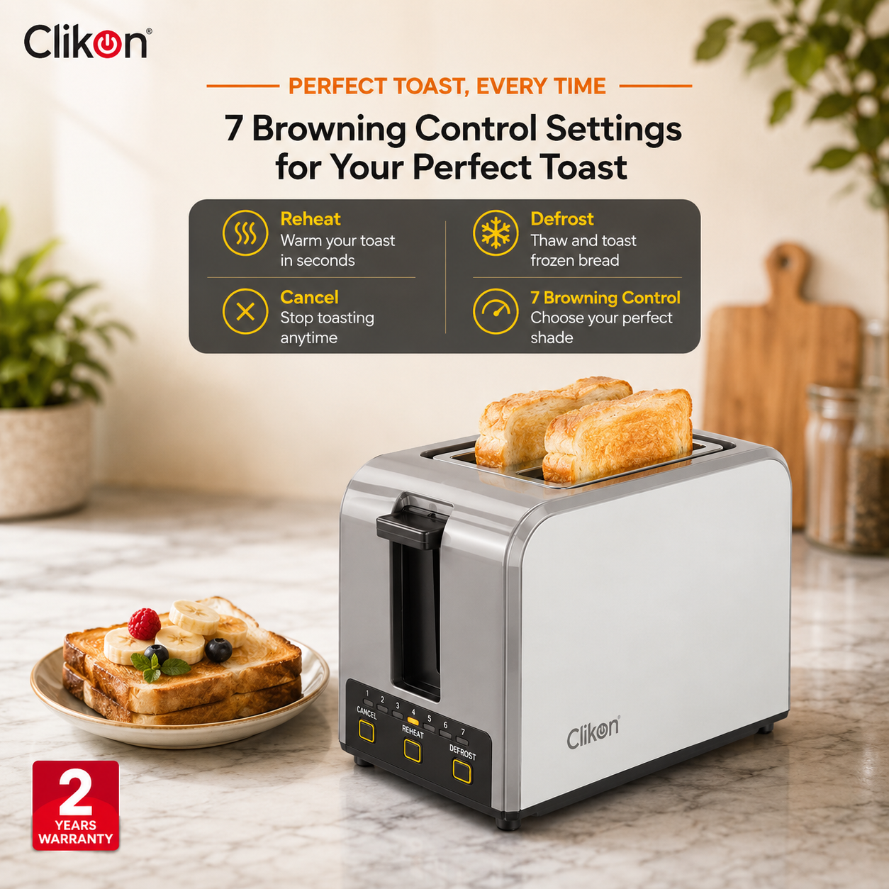Clikon CK2460 Smart Bread Toaster 2 Slice | Digital Display | 6 Browning Settings | 750W