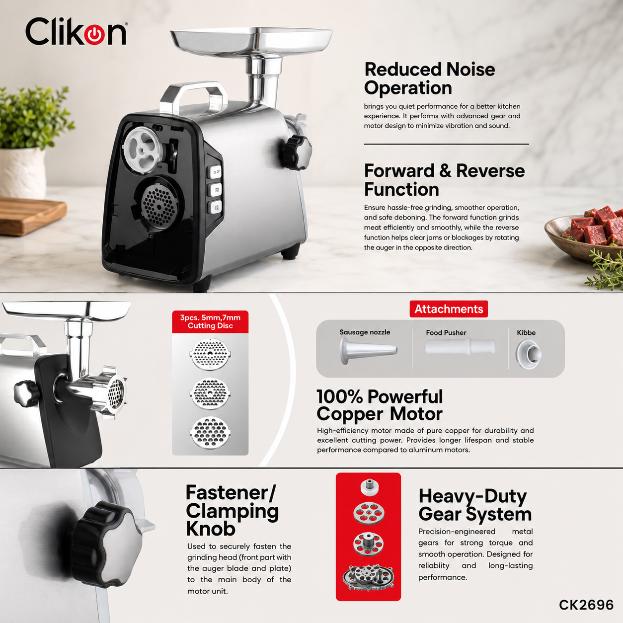Clikon CK2696 Meat Grinder 3000W | Heavy Duty Electric Meat Mincer | Stainless Steel Grinder