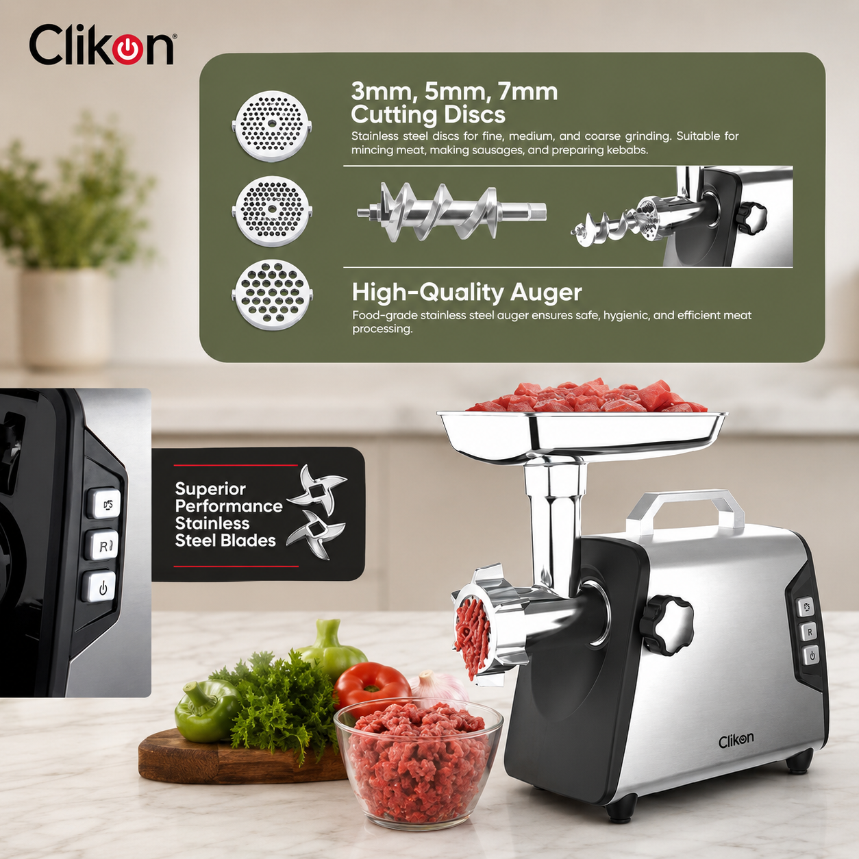Clikon CK2696 Meat Grinder 3000W | Heavy Duty Electric Meat Mincer | Stainless Steel Grinder