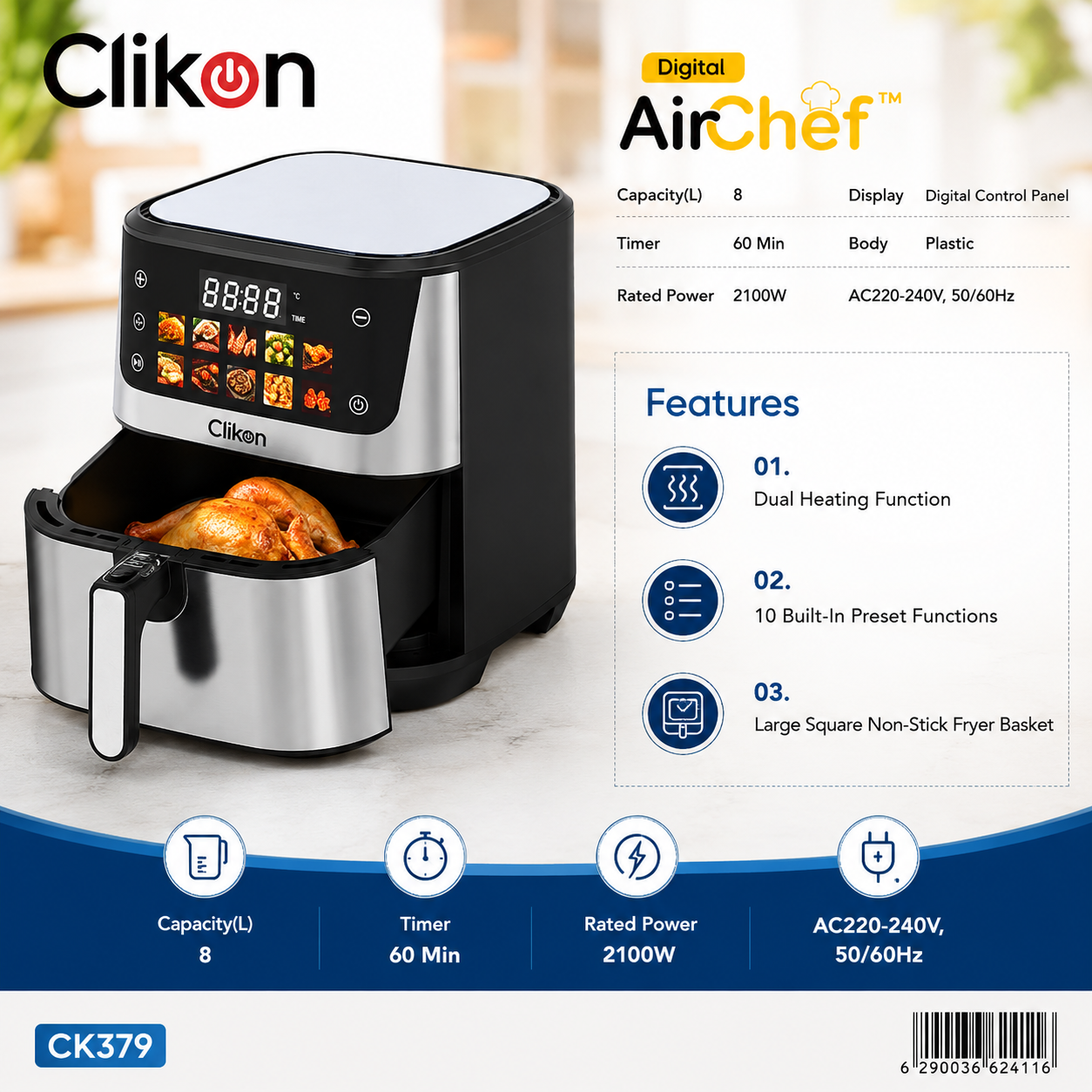 Clikon CK379 Digital AirChef Air Fryer 8L | Dual Heating | 2100W Digital Air Fryer