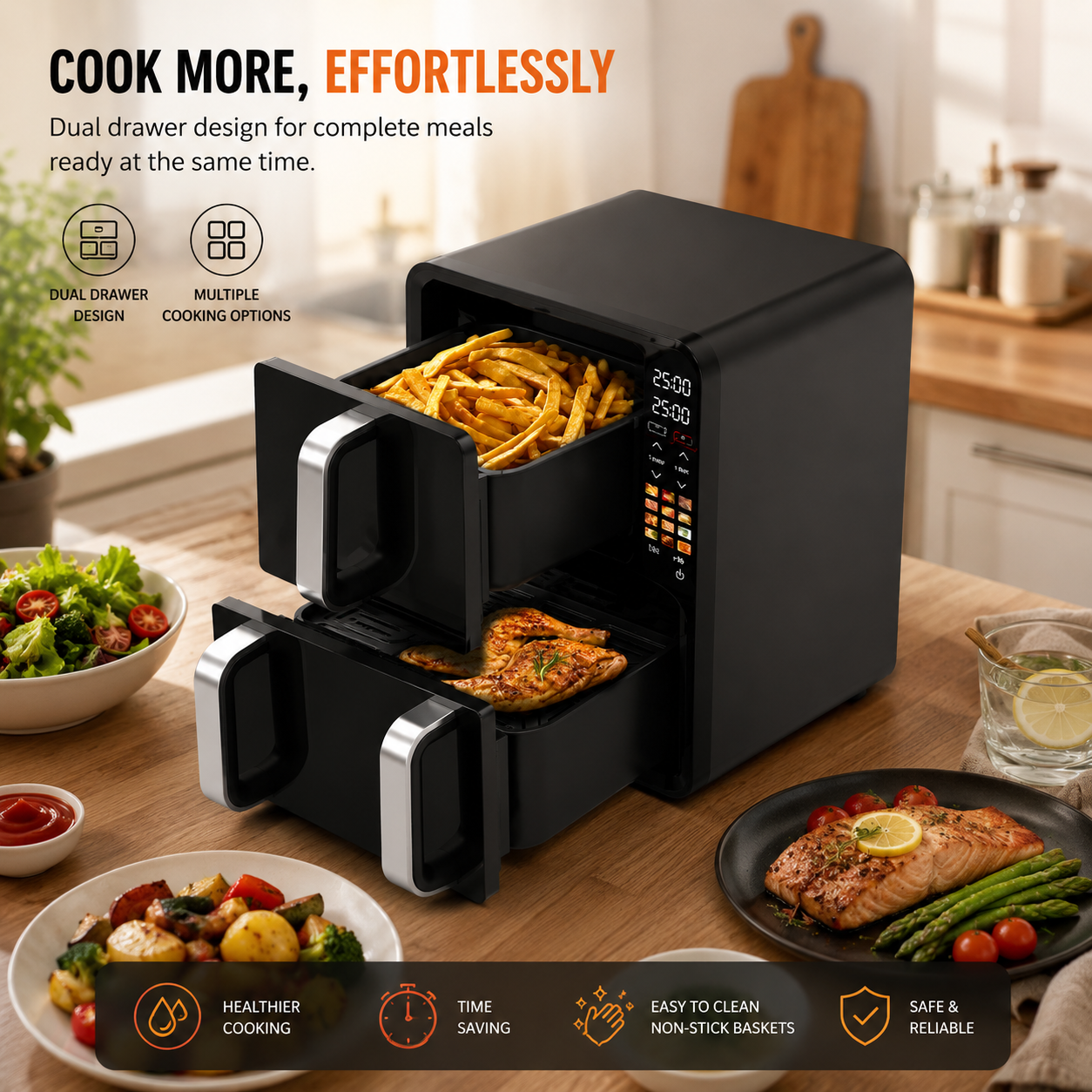 Clikon CK381 Digital AirChef Duo Air Fryer 12L | Dual Basket Air Fryer | 2800W