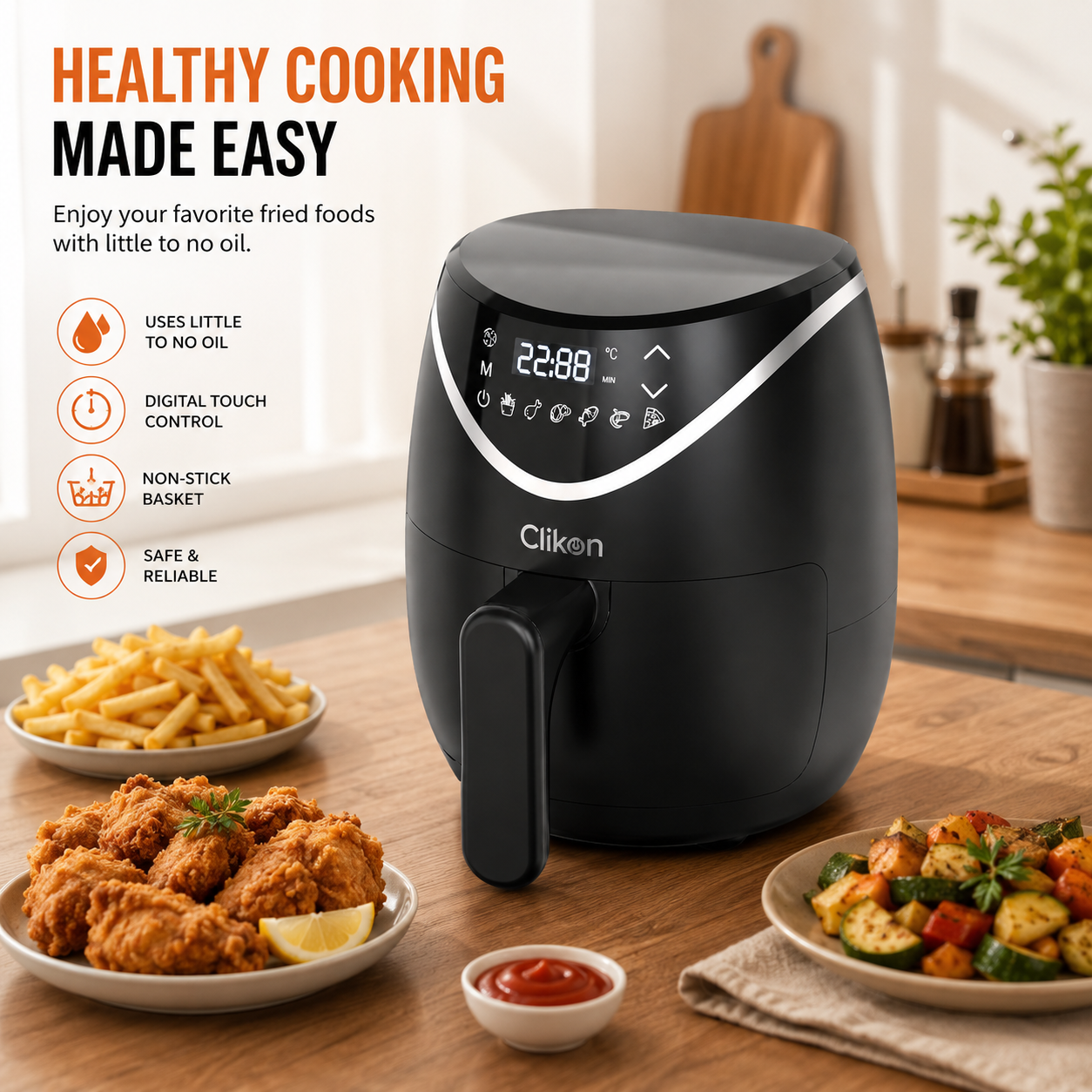 Clikon CK382 Digital AirChef Air Fryer 3L | LED Display | 1200W Oil-Free Fryer
