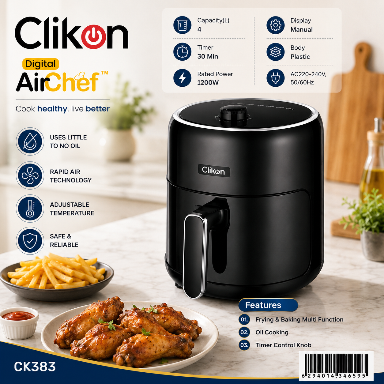 Clikon CK383 AirChef Air Fryer 4L | Manual Control | 1200W Oil-Free Fryer