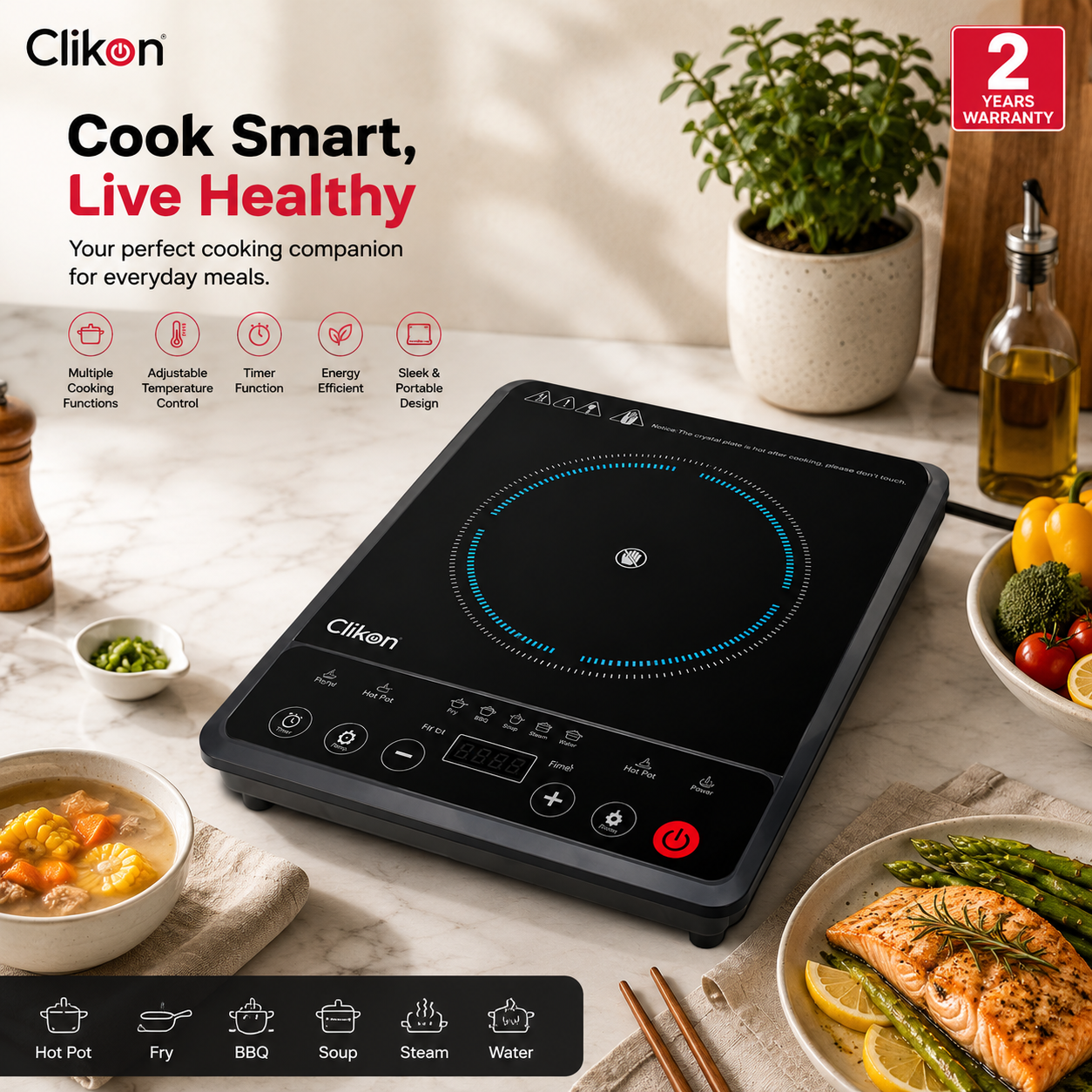 Clikon CK4283 Infrared Cooker 2000W | 5 Cooking Functions | Single Ring Electric Cooker