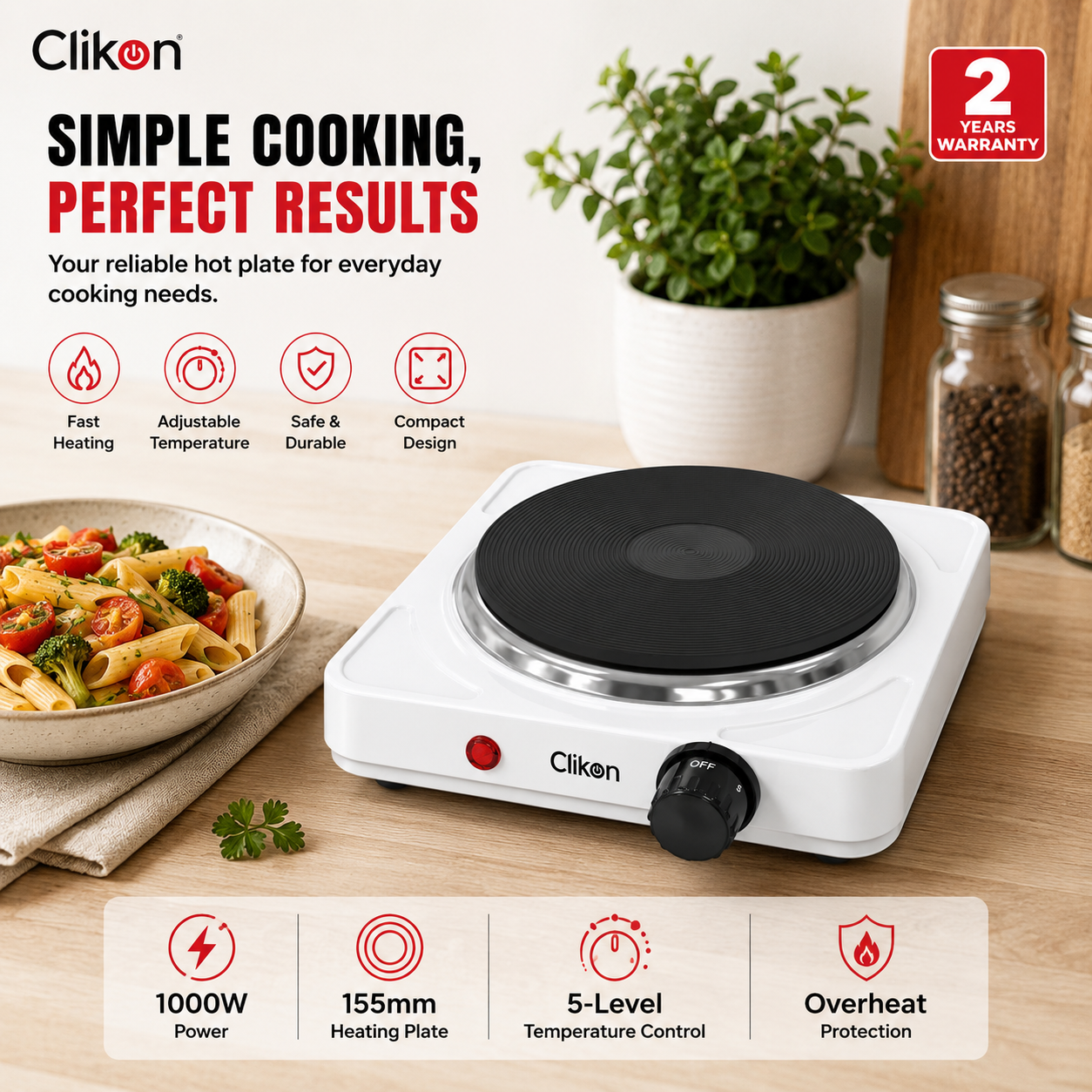 Clikon CK4294 Solid Hot Plate 1000W | Portable Electric Cooker | Stainless Steel Heating Plate