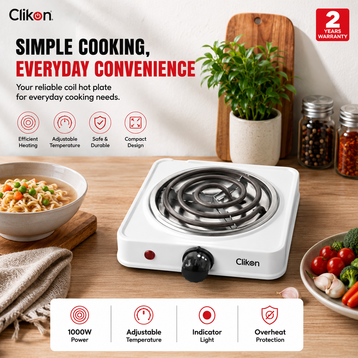 Clikon CK4295 Spiral Hot Plate 1000W | Portable Electric Cooker | Stainless Steel Heating Coil