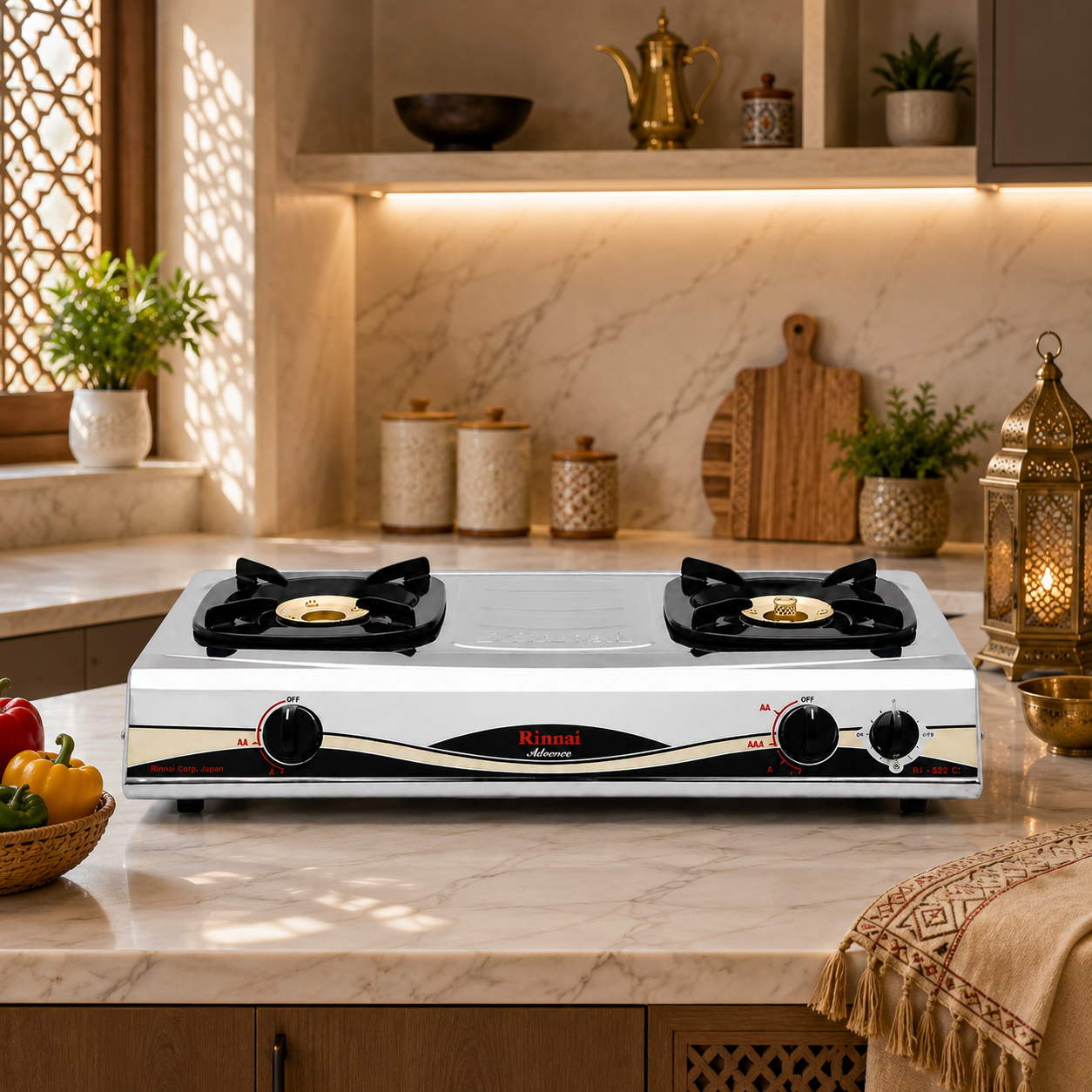 RINNAI RI-522AT 2 Burner Table Top Gas Cooker | Brass Burners | Stainless Steel Body