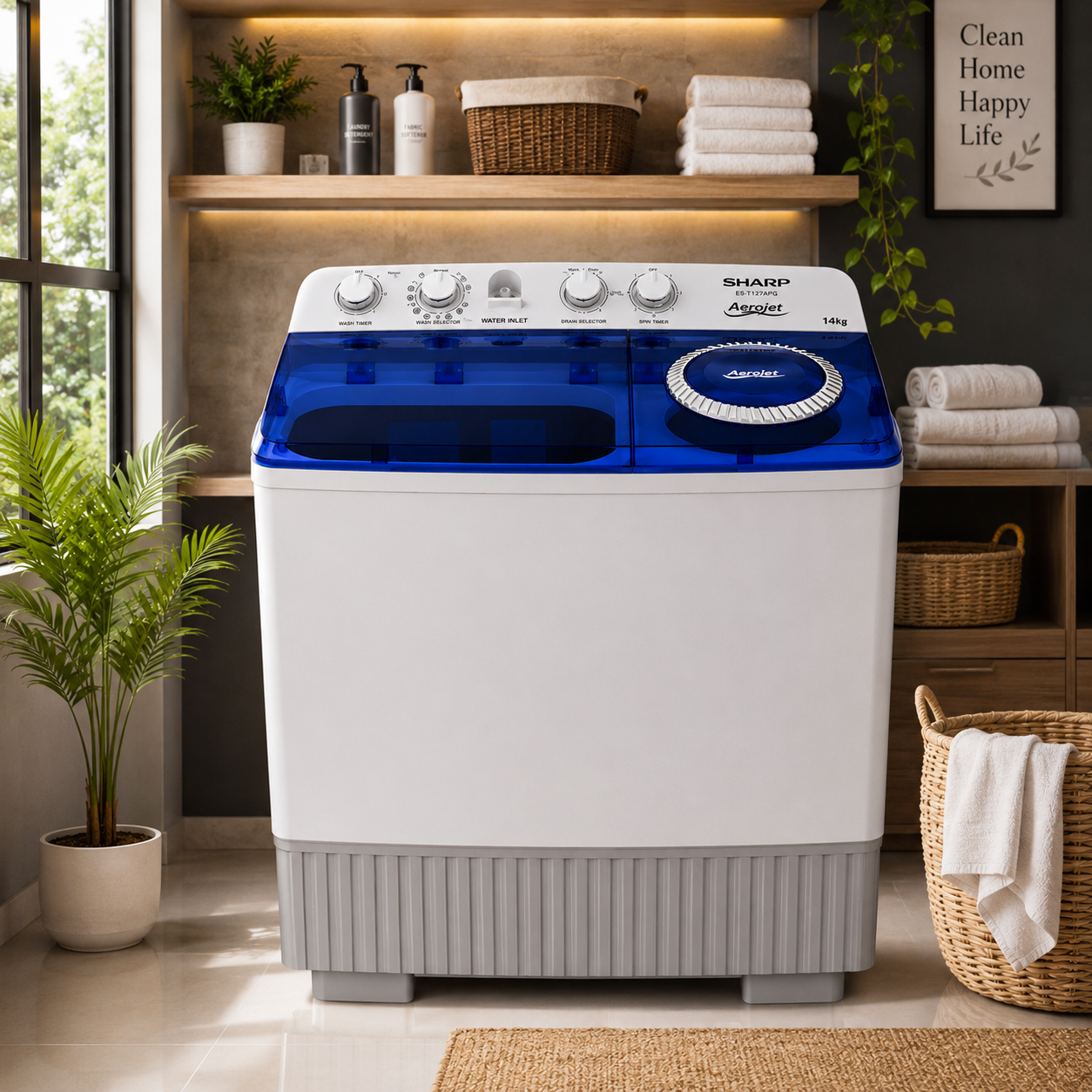 SHARP 14kg Semi Automatic Twin Tub Washing Machine | 900 RPM | Super Soak | ES-T148APG-Z