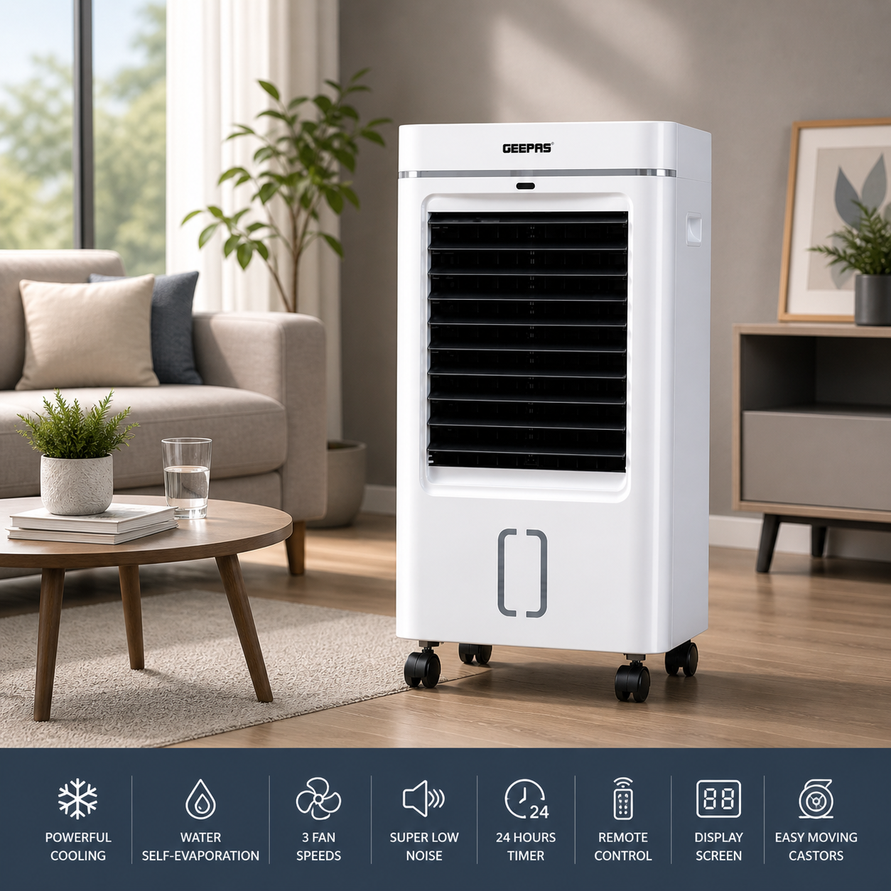 Geepas Air Cooler GAC9433N | Remote Control | 3 Speed | Low Power 75W | Portable Air Cooler