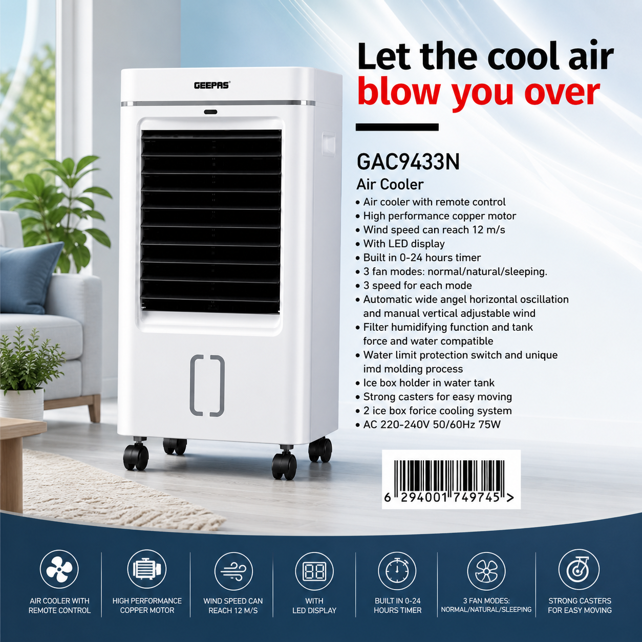 Geepas Air Cooler GAC9433N | Remote Control | 3 Speed | Low Power 75W | Portable Air Cooler