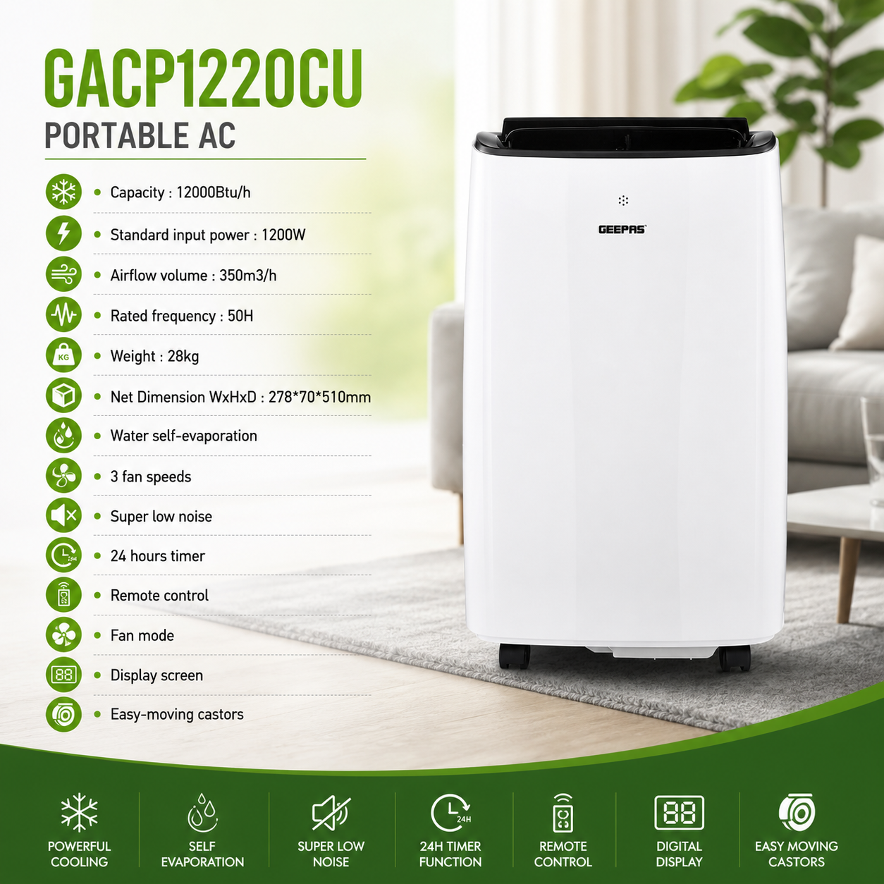 Geepas Portable Air Conditioner GACP1220CU | 12000 BTU | Remote Control | Low Noise AC