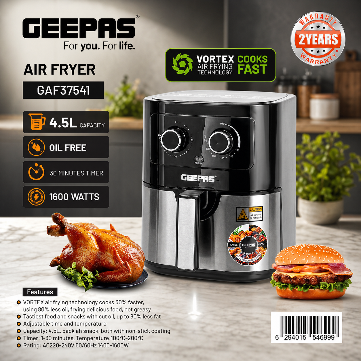 Geepas Air Fryer 4.5L 1600W GAF37541 | Oil-Free Cooking | 30 Min Timer | Adjustable Temp
