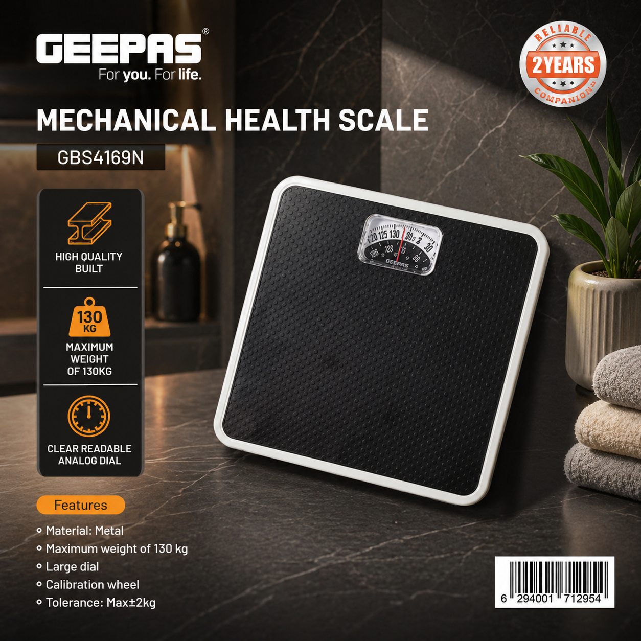 Geepas Mechanical Health Scale GBS4169N | 130kg Capacity | Analog Dial | Durable Metal Body