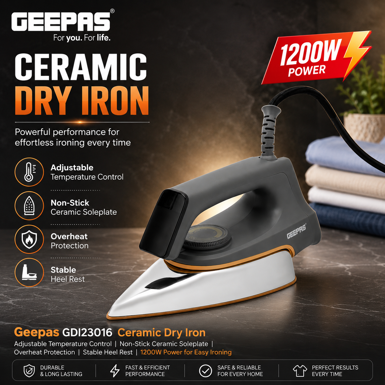Geepas Dry Iron 1200W GDI23016 | Ceramic Soleplate | Adjustable Temperature Control