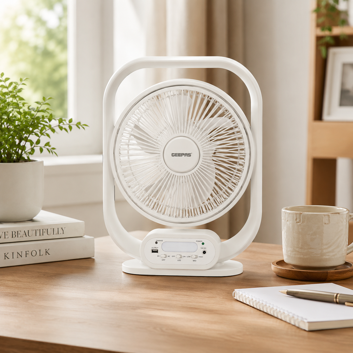 Geepas GF21189 12-Inch Rechargeable Table Fan | USB & Solar