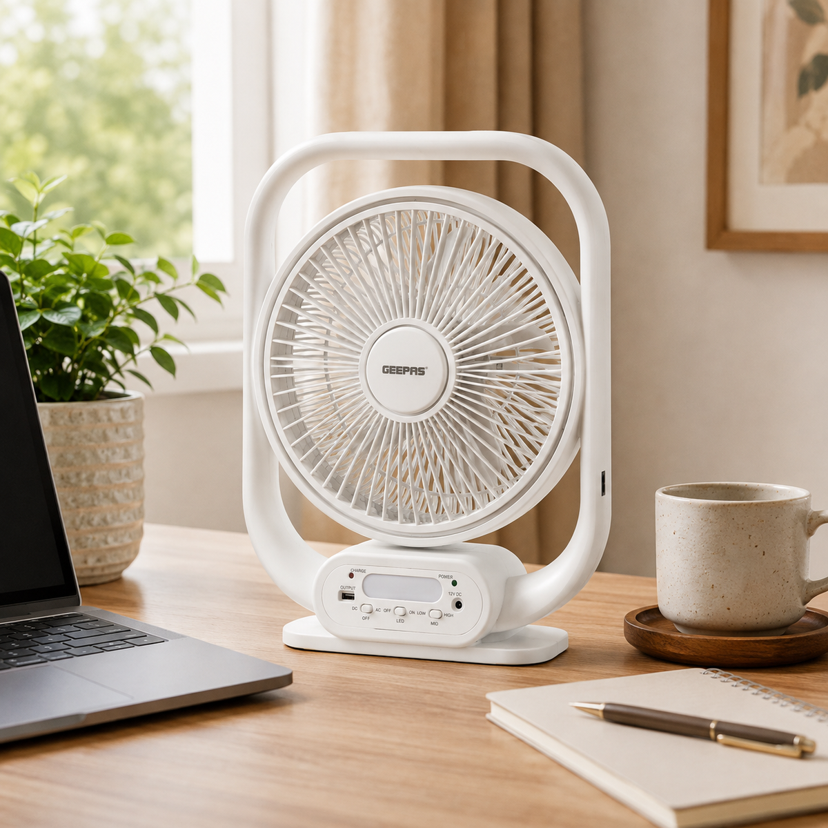 Geepas GF21189 12-Inch Rechargeable Table Fan | USB & Solar