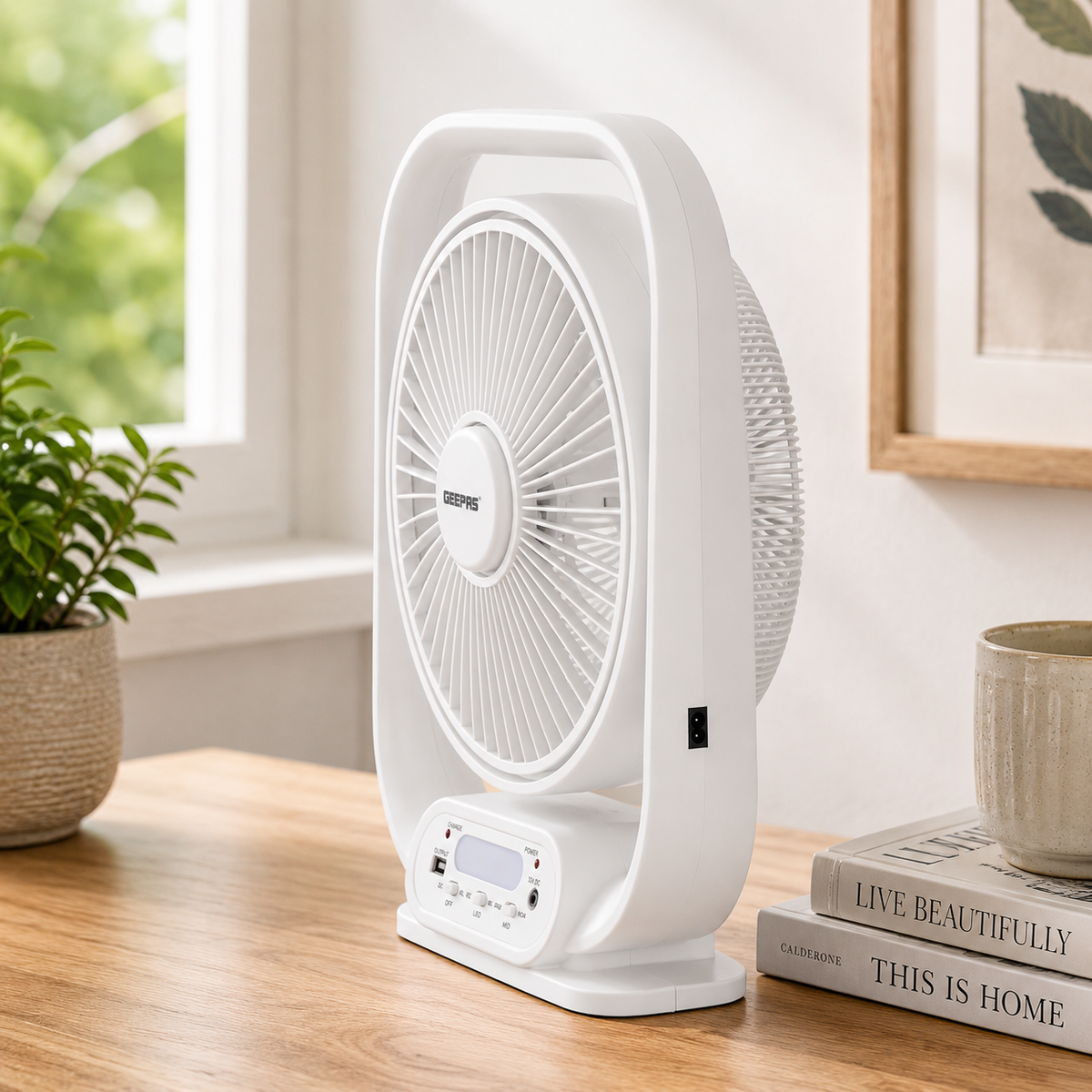 Geepas GF21189 12-Inch Rechargeable Table Fan | USB & Solar