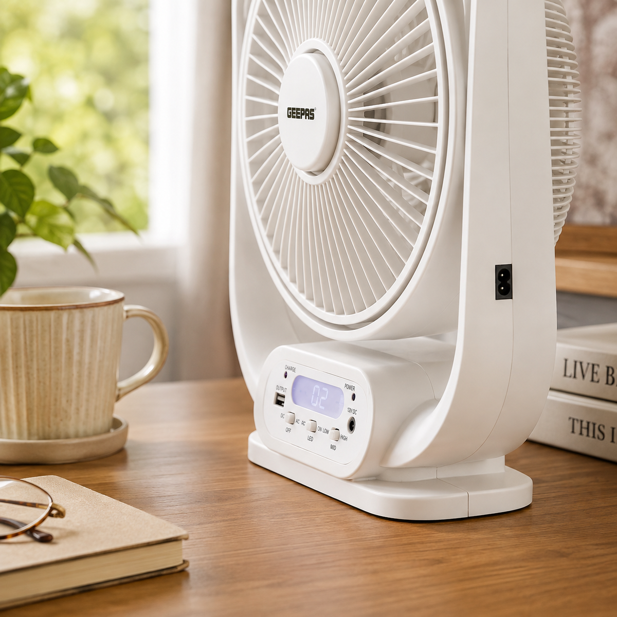 Geepas GF21189 12-Inch Rechargeable Table Fan | USB & Solar