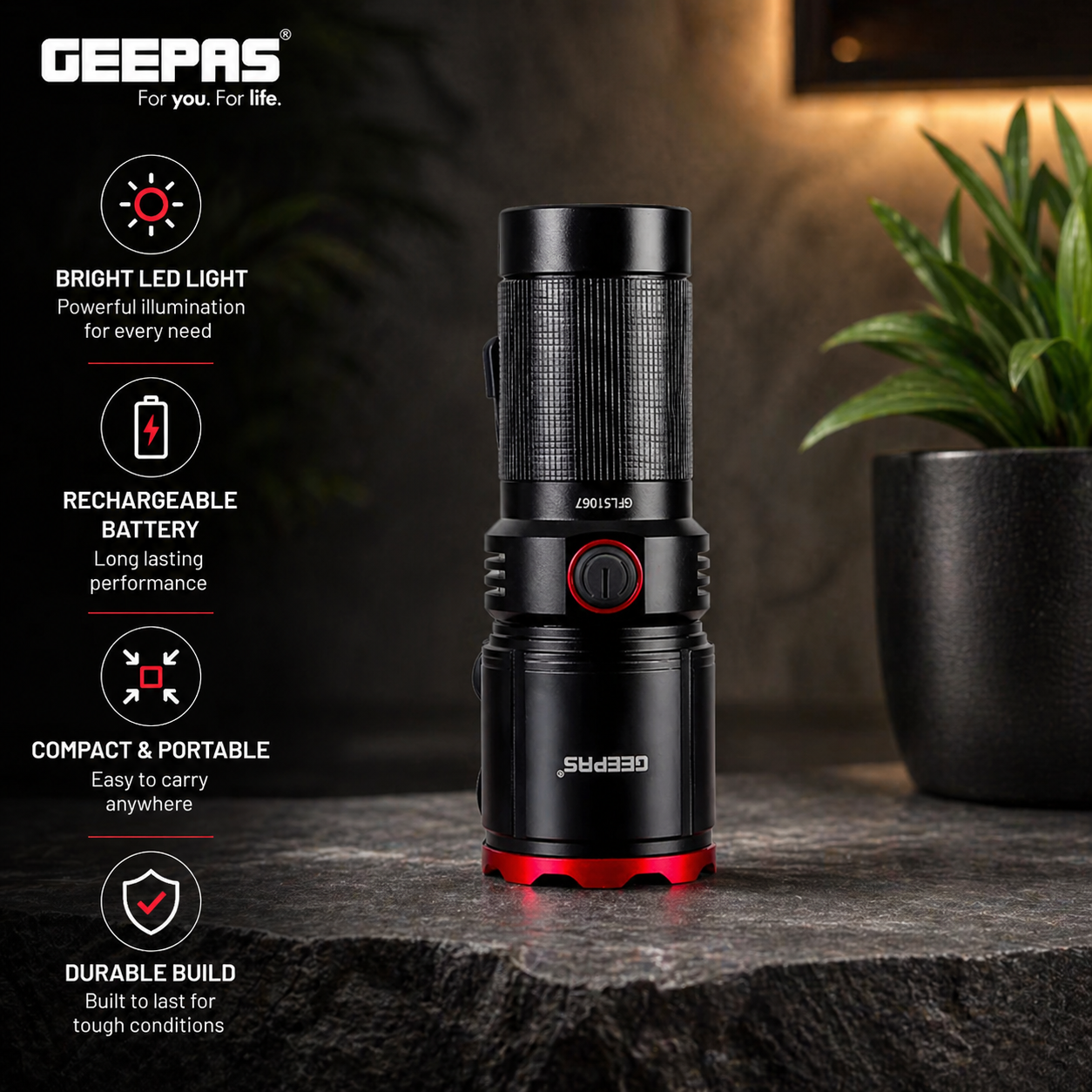 Geepas Rechargeable LED Flashlight GFL51067 | 25W High Power | Waterproof | Power Bank Function