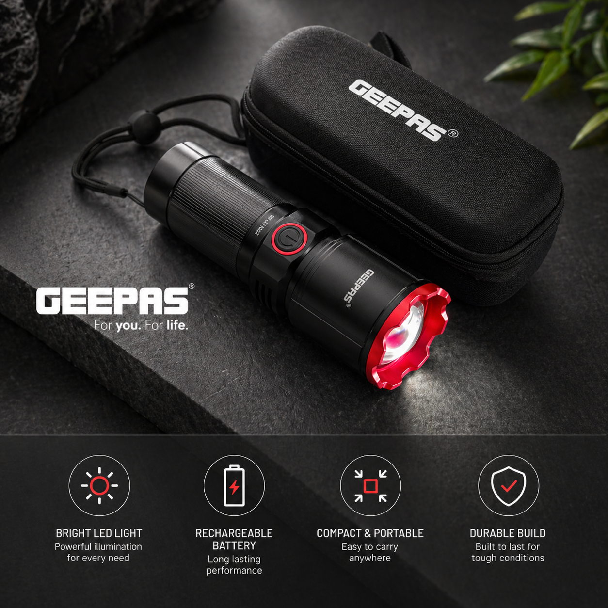 Geepas Rechargeable LED Flashlight GFL51067 | 25W High Power | Waterproof | Power Bank Function