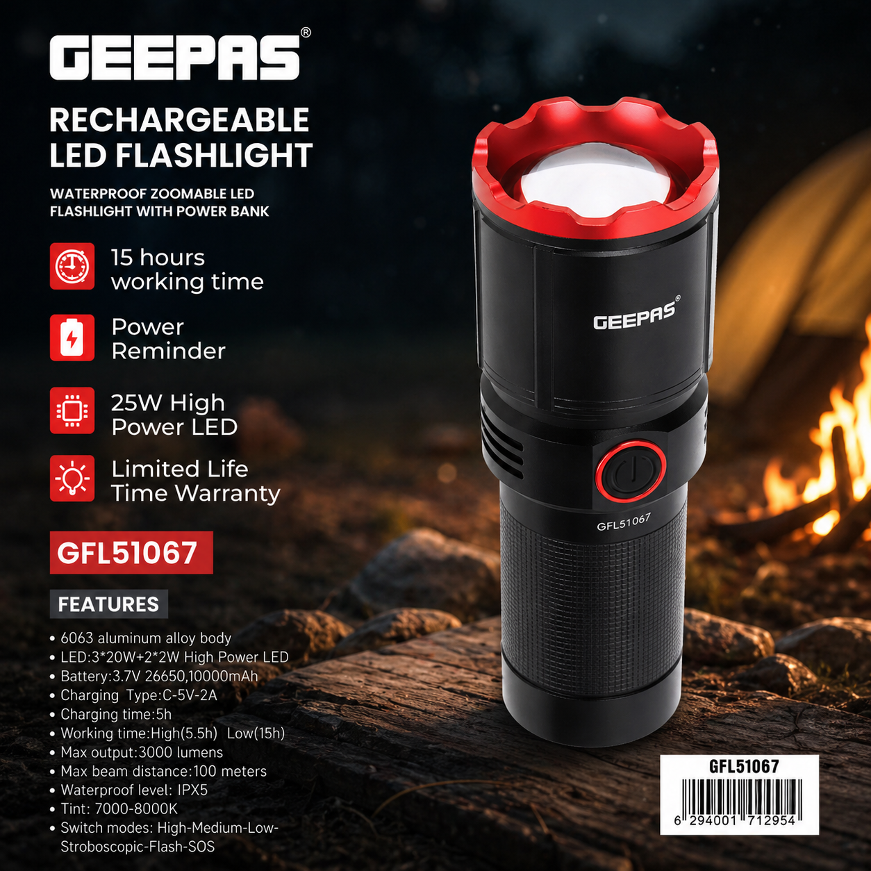 Geepas Rechargeable LED Flashlight GFL51067 | 25W High Power | Waterproof | Power Bank Function