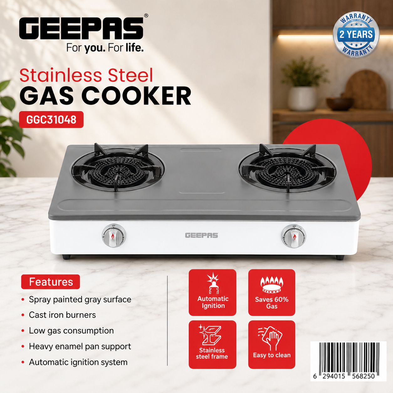 Geepas Stainless Steel Gas Cooker 2 Burner GGC31048 | Auto Ignition | Low Gas Consumption | Easy Clean