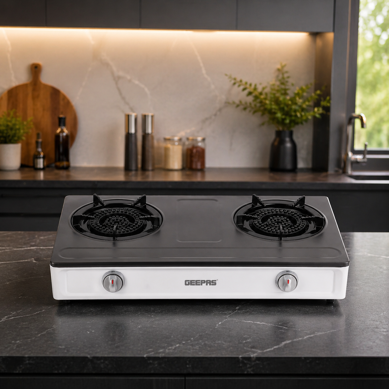 Geepas Stainless Steel Gas Cooker 2 Burner GGC31048 | Auto Ignition | Low Gas Consumption | Easy Clean