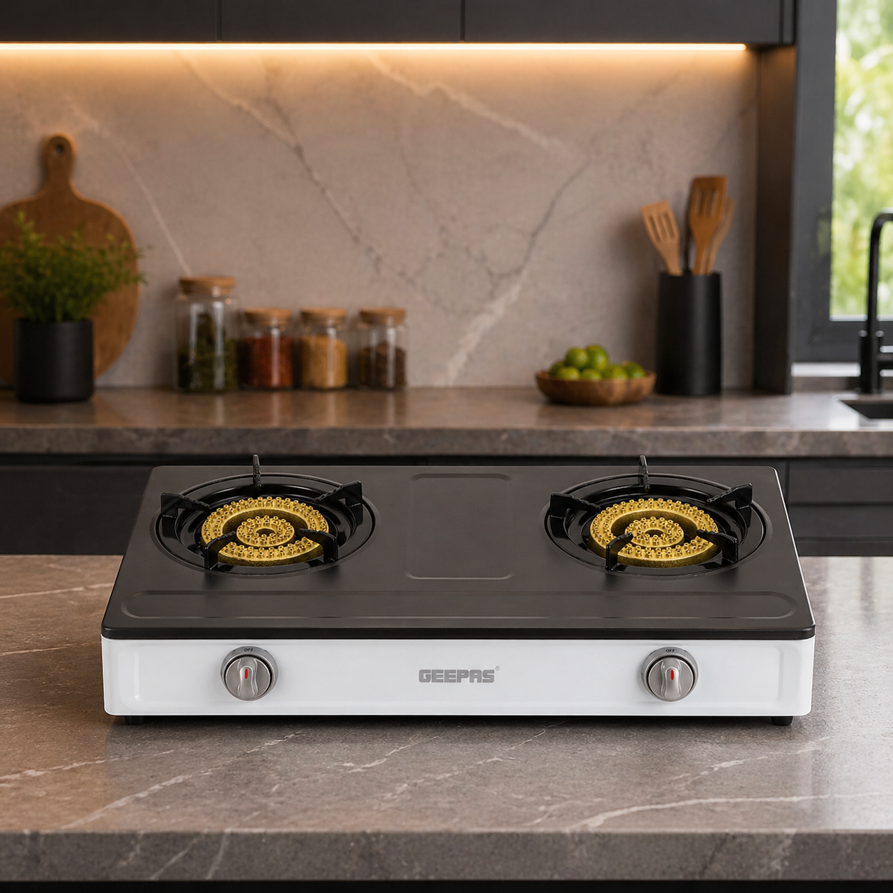 Geepas Stainless Steel Gas Cooker 2 Burner GGC31049 | Auto Ignition | Cast Iron Burners | Low Gas Consumption
